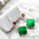 Clover Green Onyx & Garnet Solid 925 Sterling Silver Earrings