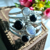 Black Onyx & Rainbow Moonstone Solid 925 Sterling Silver Ring