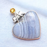 HEART Blue Lace Agate & Citrine Solid 925 Sterling Silver Pendant