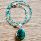 Chrysocolla Solid 925 Sterling Silver & Apatite Pendant Necklace