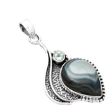 Banded Black Agate & Blue Topaz Solid 925 Sterling Silver Pendant