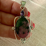 Rhodonite & Amethyst Solid 925 Sterling Silver Pendant