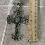 Cross Prehnite & Aquamarine Solid 925 Sterling Silver Pendant Necklace