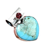 HEART Aztec Mountain Turquoise & Garnet Solid 925 Sterling Silver Pendant