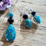 Kingman Copper Turquoise & Black Onyx Solid 925 Sterling Silver Set