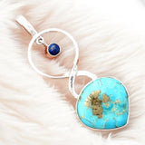 Kingman Turquoise w Pyrite & Lapis Solid 925 Sterling Silver Pendant