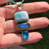 Larimar, Labradorite & Blue Quartz Solid 925 Sterling Silver Pendant Necklace