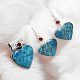 HEART Chrysocolla & Garnet Solid 925 Sterling Silver Pendant Earrings set