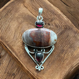 Crazy Lace Agate & Garnet Solid 925 Sterling Silver Pendant