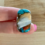 Kingman Turquoise & Spiny Oyster Solid 925 Sterling Silver Ring 8.5
