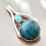 Blue Apatite & Fire Opal Solid 925 Sterling Silver Pendant