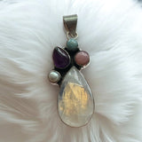 Rainbow Moonstone Larimar Amethyst Pink Opal Pearl Solid 925 Sterling Silver Pendant