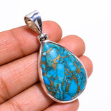 Blue Copper Turquoise Pear Ethnic Handmade 925 Sterling Silver Pendant 1.8" N143